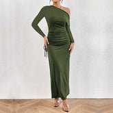 French Diagonal Collar  Unique Design High Waist Dress